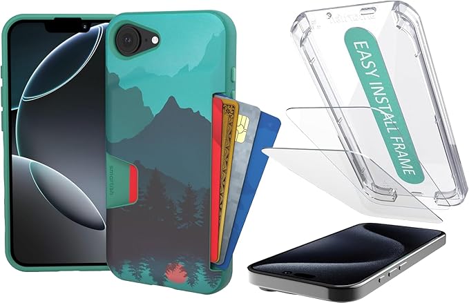 Smartish iPhone 17e/16 Wallet Case + 2-Pack Tempered Glass Screen Protector Bundle - Wallet Slayer + Tuff Sheet - Protective Case Wallet with Screen Protection for Apple iPhone 17e - Moving Mountains