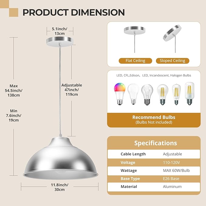 11.8" Aluminum Modern Farmhouse Pendant Light,Adjustable Height 47 Inch Cord Dimmable LED Compatible E26 Base Sandblasting Oxidation Round Dome Hanging Light Fixture for Kitchen Island Indoor (Silver)