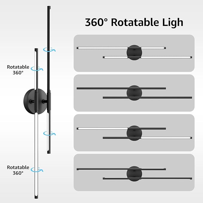 Tipace 34" LED Bathroom Vanity Lights,Rotatable 360° Black Sconces Wall Lighting,Picture Lights for Wall,Indoor 5000K Modern Sconce