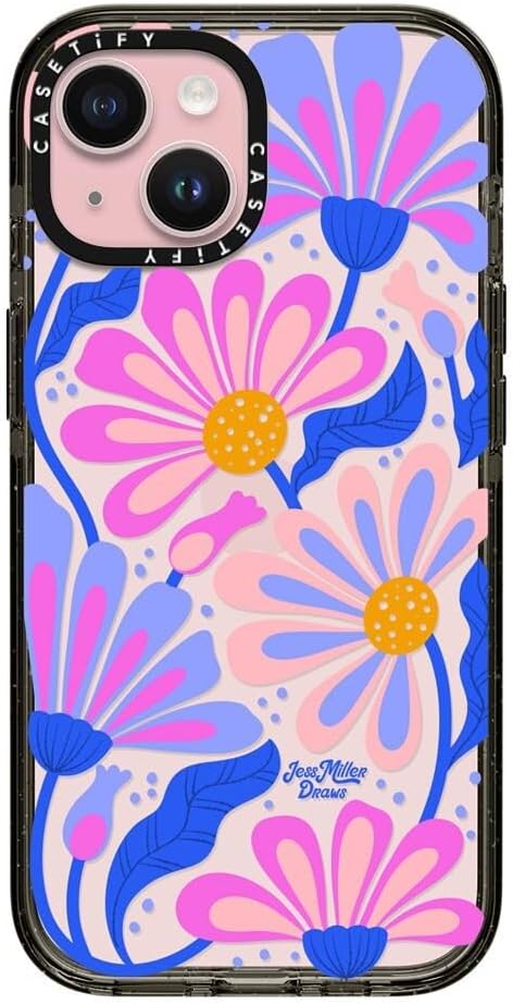 CASETiFY Impact Case for iPhone 15 [Slim / 8.2 ft. 4X Military Grade Drop Protection/Wireless Charging Compatible] - Mystic Daisy - Clear Black