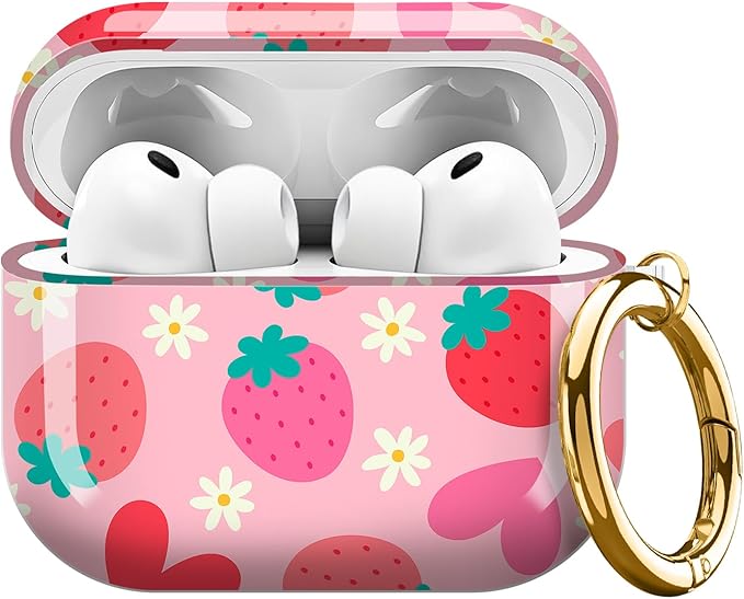 AirPod Pro 3 (2025) Case Cover for Women, Cute Shockproof TPU Protective Case with Gold Round Buckle, Anti-Drop Design Cute Strawberry