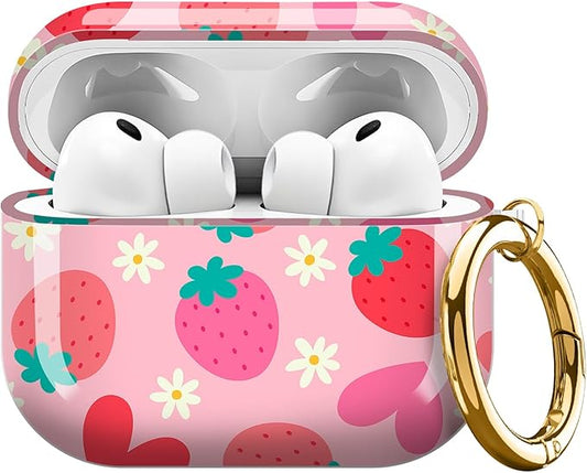 AirPod Pro 3 (2025) Case Cover for Women, Cute Shockproof TPU Protective Case with Gold Round Buckle, Anti-Drop Design Cute Strawberry