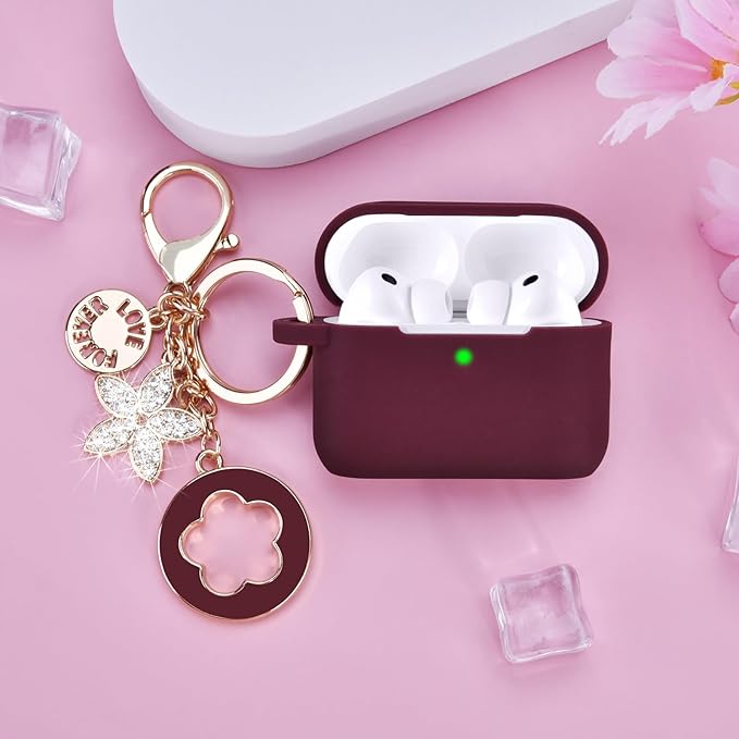 VISOOM for AirPods Pro 3 Case 2025, Silicone Case for Apple Air Pods Pro 3rd Generation Cover Women, Cute iPods 3 Protective Cover with Bling Keychain & Cleaning Kit,Burdungy