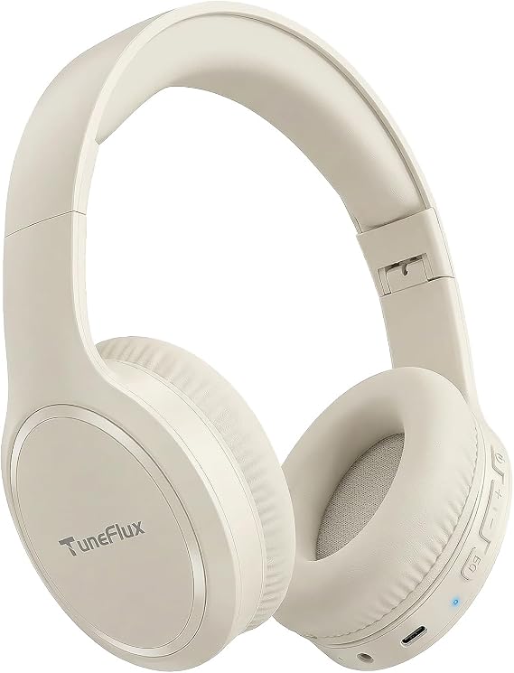 TuneFlux Bluetooth Headphones, 70H Playtime, Over-Ear, 3 EQ Modes-Beige