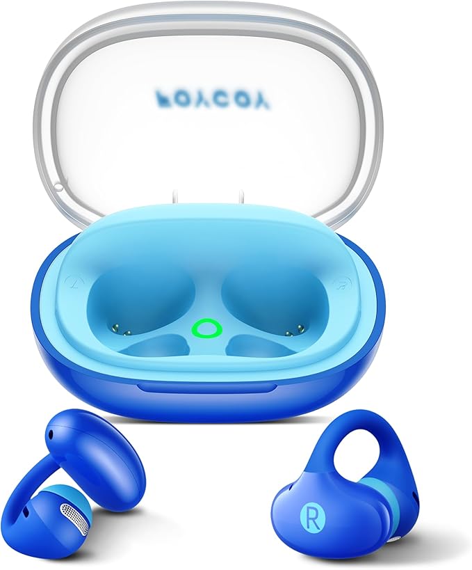 FOYCOY Kids Open Ear Earbuds - Clip-On Earbuds - 85 dB Volume Limit - Bluetooth 6.0, Built-in Mic, 40H Playtime, Silicone Pads, IPX5, Small Ears and Glasses Friendly, Ages 6-14, Blue