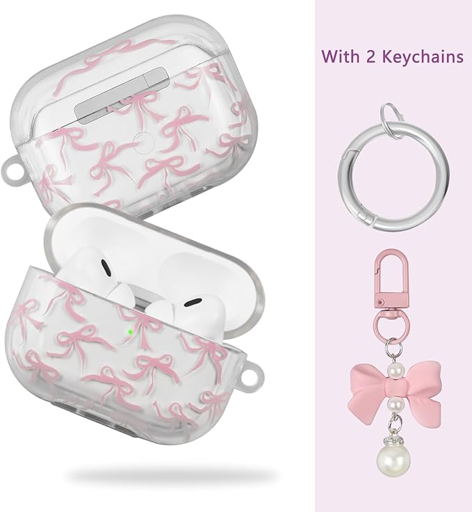 Compatible with AirPods Pro 2 Case Cover 2022, Soft TPU with Cute Flower Pattern for AirPods Pro 2nd/1st Generation Case with Flower Keychain and Carabiner for Girls Women (Pink Bow)