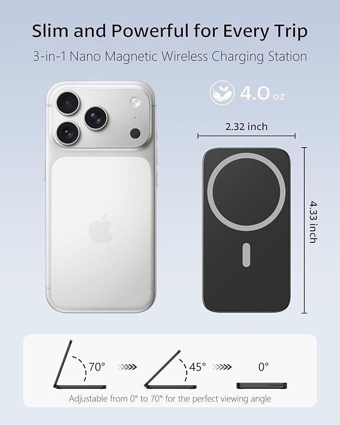 3 in 1 Qi2 Magnetic Wireless Charging Station for Apple Devices, Foldable Travel Charger Stand for iPhone 17/16/15/14/13/12 Series, Apple Watch Ultra/10/9/8/7/6/SE & AirPods Pro/4/3