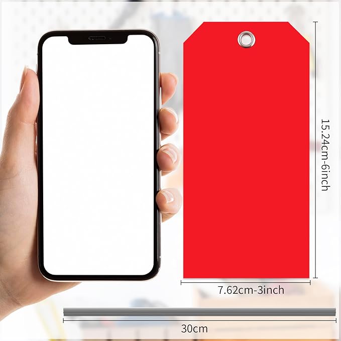 100 Large Red Plastic Shipping Tags - 3x6 inch, Heavy Duty, Waterproof, Writable Wire Tags with String Attached for Luggage, Garage, Inventory, Car Parts