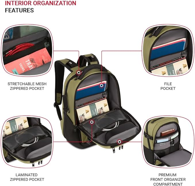 SwissGear Travel Tech Pro Laptop Backpack – Fits Laptops up to 16” – ScanSmart TSA-Friendly Backpack with Multiple Organizer Pockets – Olive