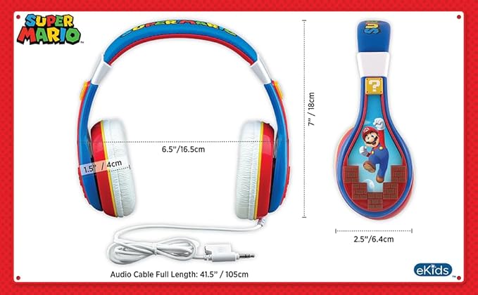 eKids Super Mario Kids Headphones, Adjustable Headband, Stereo Sound, 3.5Mm Jack, Wired Headphones for Kids, Tangle-Free, Volume Control, Childrens Headphones Over Ear for School Home, Travel
