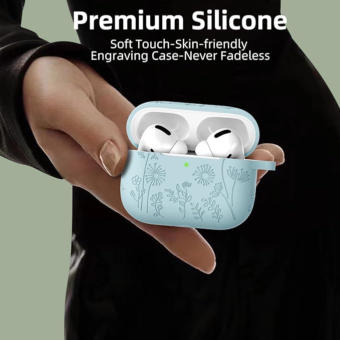 Lerobo for Airpod Pro Case/Airpod Pro 2 Case Cover, Flower Engraved Cute Silicone Skin Full Protective Cover Compatible with Apple Airpods Pro 2nd/1st Generation Case with Keychain, Turquoise