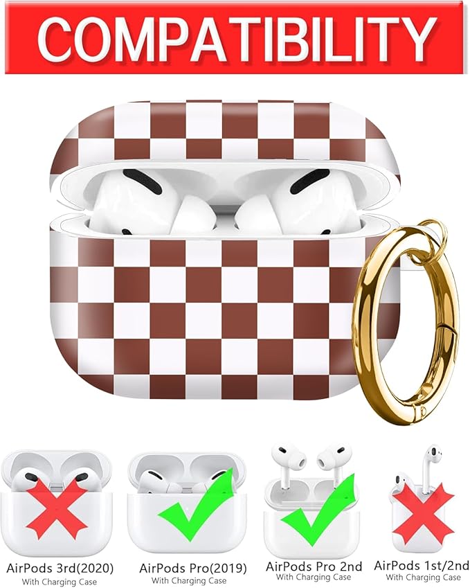 Compatible with AirPod Pro Case 2nd/1st Gen (2023/2022/2019),Shockproof Protective Cover with Keychain for Women,Cute Charging Case for Airpod Pro 2/1(White Brown Chessboard)