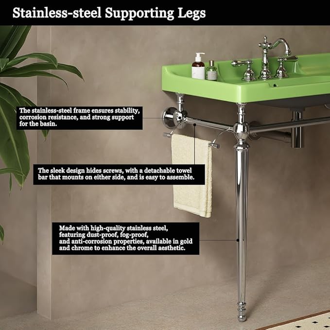 36" Bathroom Console Sink, Wall-Mounted Green Ceramic Vanity Basin with 3 Pre-drilled Faucet Holes, Freestanding Chrome Stainless Steel Support Legs with Towel Bar, No Faucet - Rome, Green