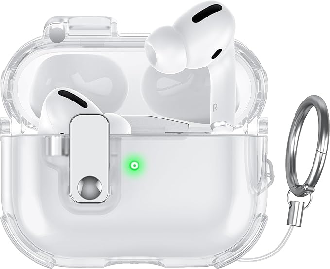 Case for AirPods Pro Case Cover with [Lock Safety & Pop Up][Military Shockproof] Anti-Yellow Transparent Soft TPU Wireless Charging for AirPods Pro Generation Case with Keychain,Clear