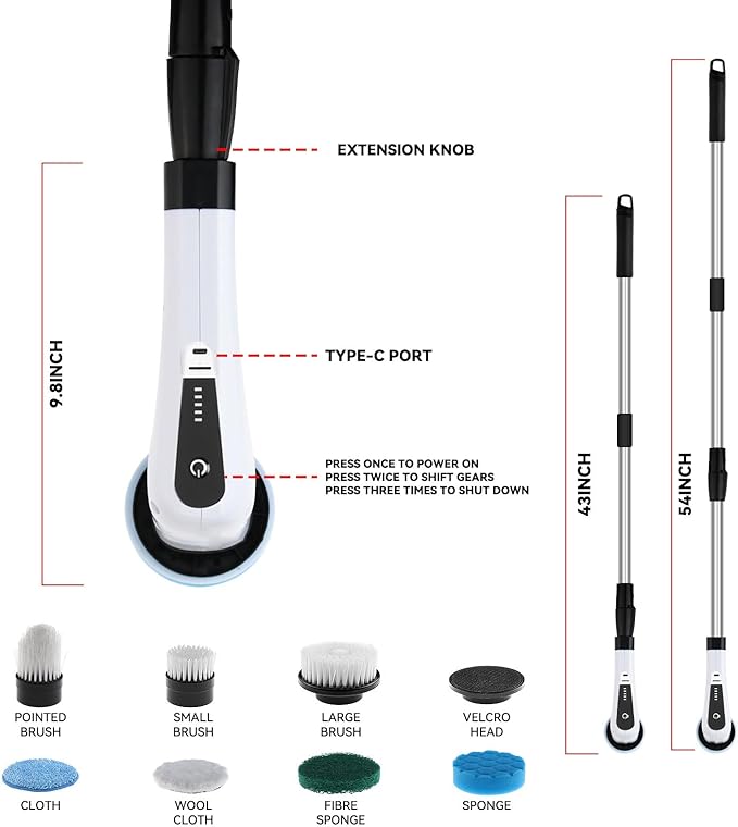 Electric Spin Scrubber, Cordless Handheld Adjustable Cordless Shower Cleaning Brush, 25W Smart Power Shower Cleaning Brush, Low Noise Power Shower Scrubber for Bathroom