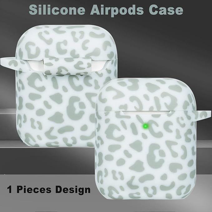 Leopard Silicone Compatible with Airpods Case, Gawnock Soft Cover Flexible Compatible with Airpods 2nd/1st Generation Floral Print Cover for Women Girls with Keychain - Light Green Leopard Cheetah
