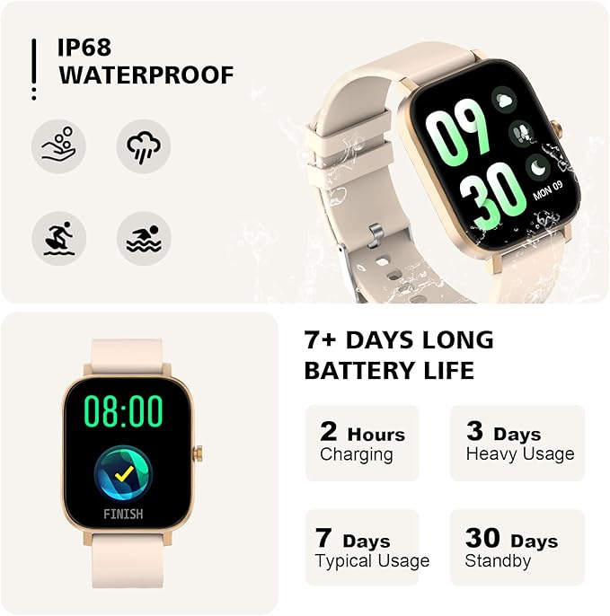 Smart Watch for Men Women SmartWatch 1.83" for iPhone Samsung Android Phone Compatible, Fitness Tracker Watch with Pedometer, Heart Rate/Sleep Monitor, Blood Oxygen, IP68 Waterproof (Gold)
