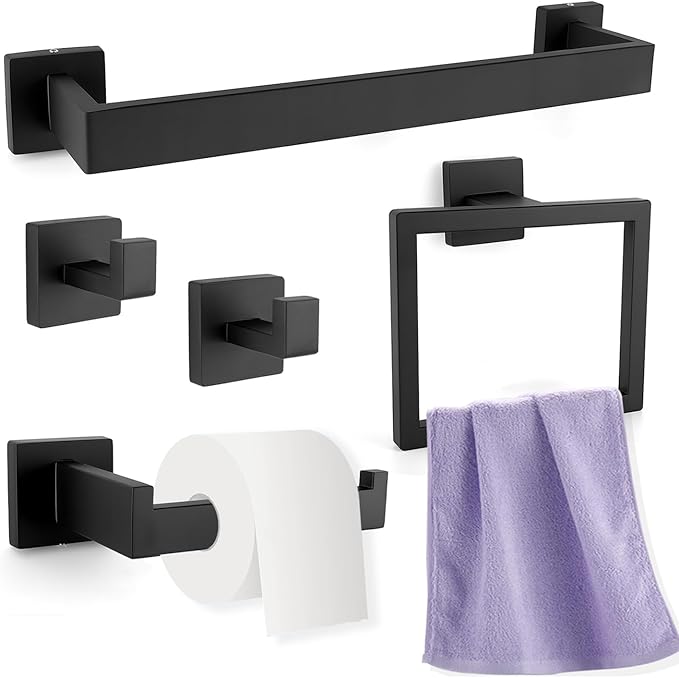 Matte Black Bathroom Hardware Accessories Set, 5 Pcs 304 Stainless Steel Bathroom Towel Holder Bar Set, Towel Rack and Toilet Paper Holder for Bathroom Wall Mounted