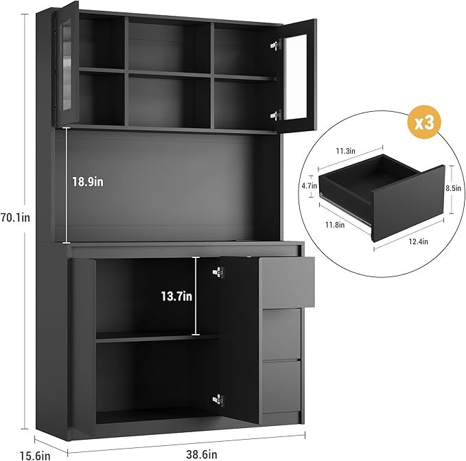 Garvee Kitchen Pantry Cabinet,71 in Tall Storage Cabinet with Doors and Shelves Adjustable, Kitchen Storage Hutch with Microwave Shelf, Led Lights and Charging Station,Corner Pantry Cabinet, Black