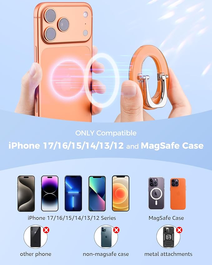 SUPERONE for iPhone 17 Magsafe Phone Grip, Adjustable Magnetic Phone Ring Holder Removable Phone Kickstand Compatible with Magsafe Accessories Only for iPhone 17 Pro Max 16 15 14 13 12 Series - Orange