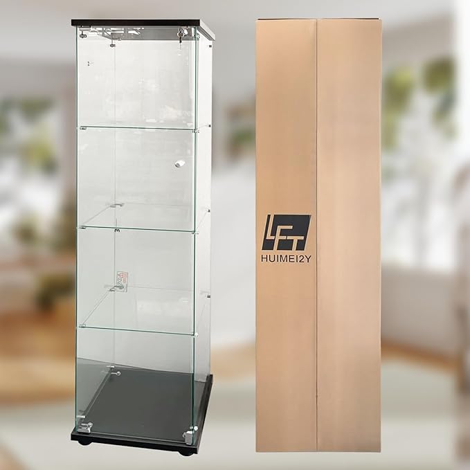 LFT HUIMEI2Y Glass Display Cabinet 4-Shelf with Door and Lock, Curio Cabinets Upgraded Quick-Install Style Tempered Glass Floor Standing Bookshelf for Bedroom, Living Room 65”x 17”x 14” Black
