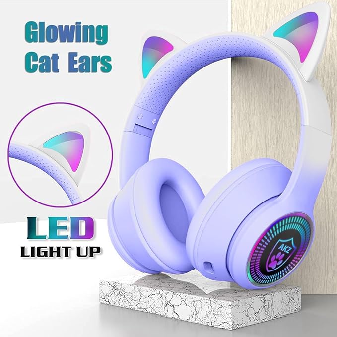 Cat Ear Gaming Bluetooth 5.3 Wireless Foldable Headphones with LED Light, Game Surround Sound Over-Ear Headsets with Microphone AUX for PC, Pad, Mobile, Laptop, Kids, Gift