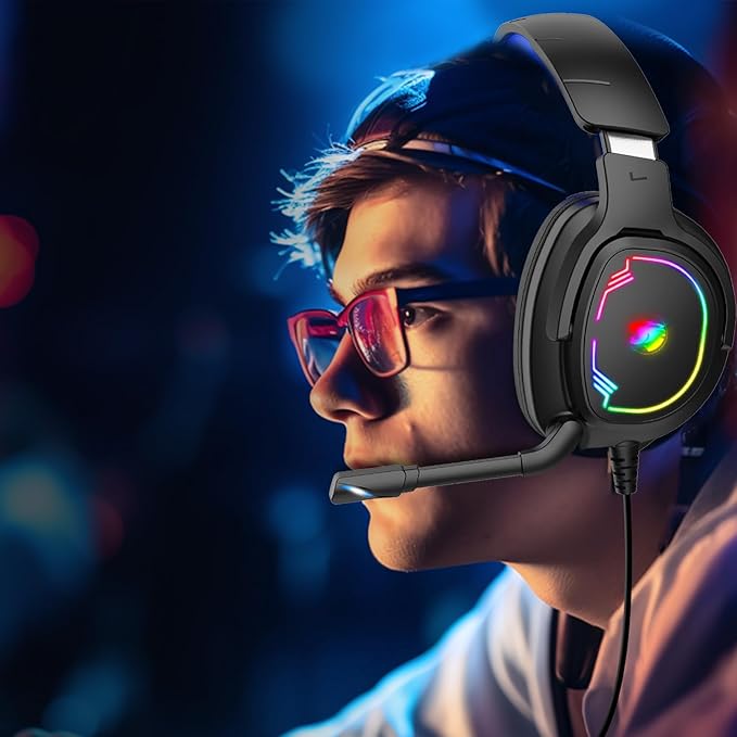 Gaming Headset for PC/PS4/PS5/Xbox One/Switch, Stereo Surround Sound Gaming Headphones with Noise Canceling Flexible Mic, Computer Headset with 3.5mm Jack & RGB Light(Blue)