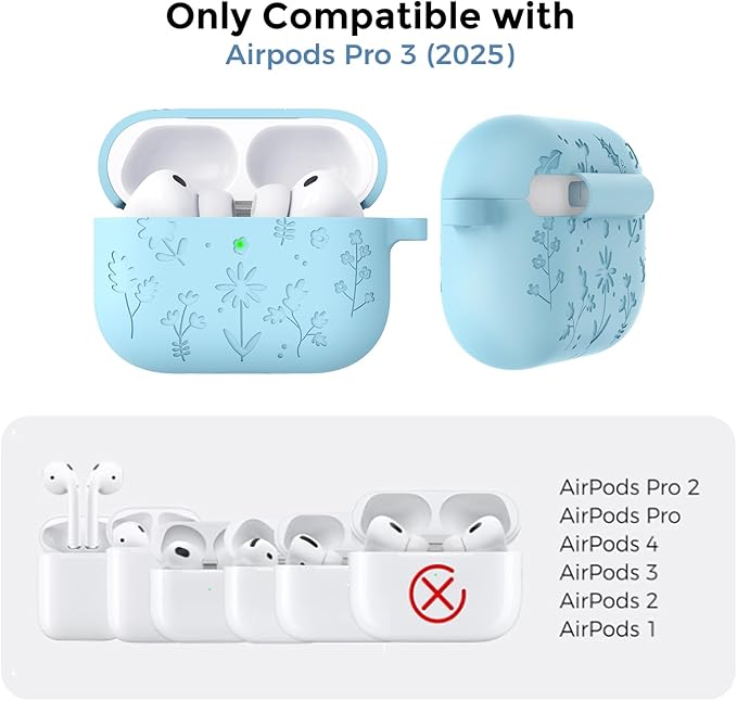 AhaStyle AirPods Pro 3 Case Cover (2025) Flower Engraved Cute Silicone AirPods Pro 3rd Generation Case Full Body Shockproof Cover Skin for Apple AirPods Pro 3rd Gen with Cleaning Kit for Women Girls