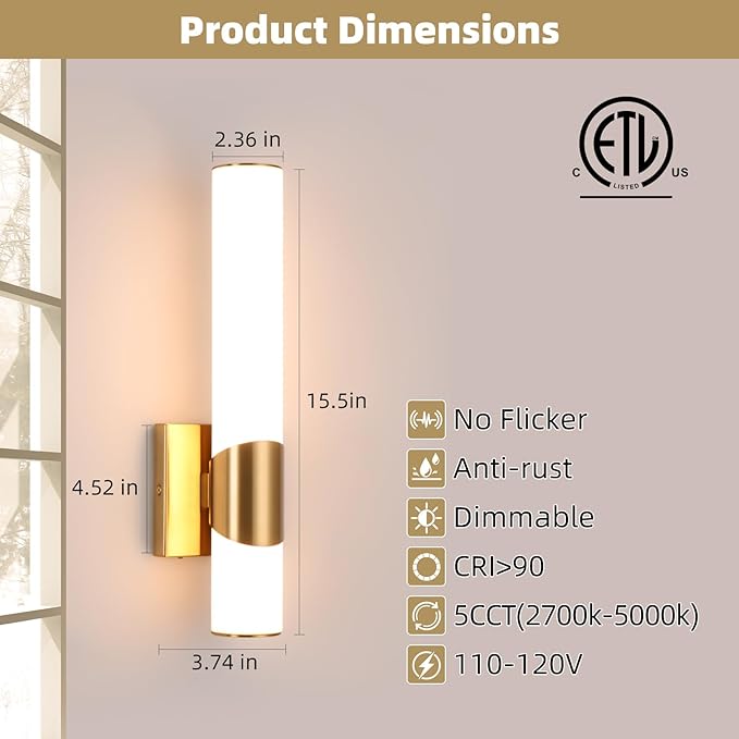 Gold Wall Sconce 5CCT Dimmable Bathroom Sconce with Acrylic Shade LED 15 inch Hardwired Wall Light Fixtures for Bathroom Living Room Bedroom Hallway