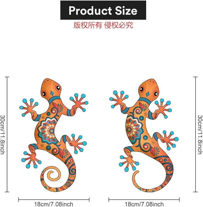 Metal Gecko Outdoor Decor -2 Pack 11.8 inch Metal Lizard Wall Hanging Sculpture Decoration for Indoor or Outdoor, Garden Yard Fence Porch Patio Wall Decorations