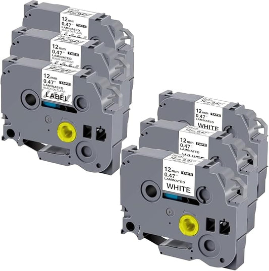 Weemay 6 Pack 12mm 0.47 Inch TZe TZ Label Compatible for Brother Laminated Black on Clear and White Tape TZe-131 for P-Touch PTD220 PTD600 PT-D410 PTH110BP Label Maker, 1/2 inch x 26.2 ft