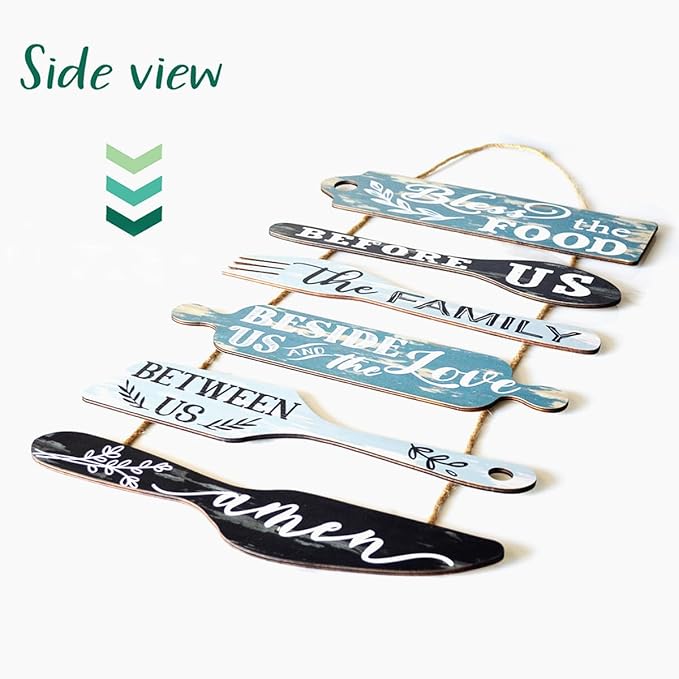 Bless the Food Before Us Farmhouse Kitchen Wall Decor - Dining Room Decorations Collage Wall Art in Neutral Teal/Aqua Color - Wooden Rustic 6pcs Roped Sign 25x14 Inches Vertical