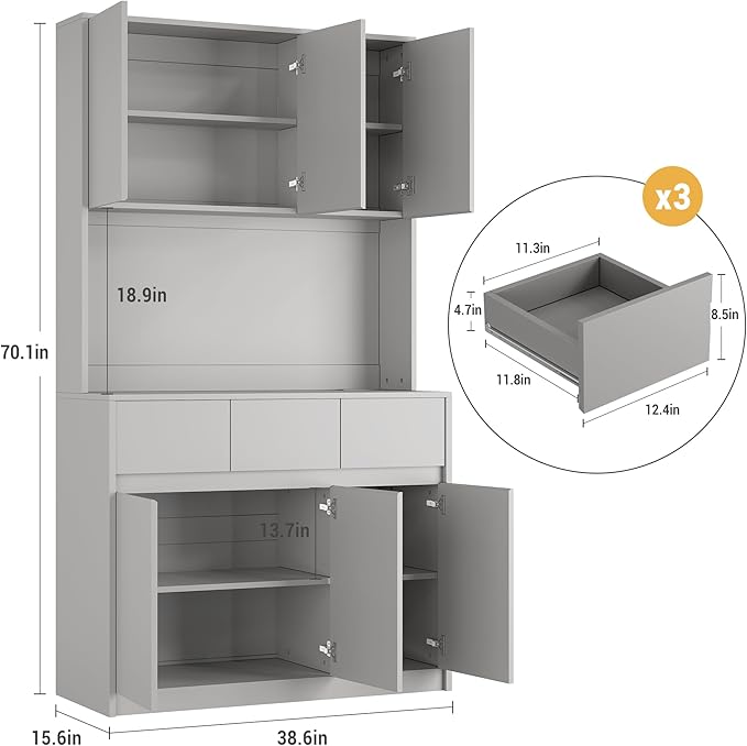 71" Tall Kitchen Pantry Cabinet, Adjustable Shelves & Doors and Three Drawers, Microwave Shelf, Coffee Bar with LED Lights & Charging Station, Corner Storage Hutch for Living Room, Gray