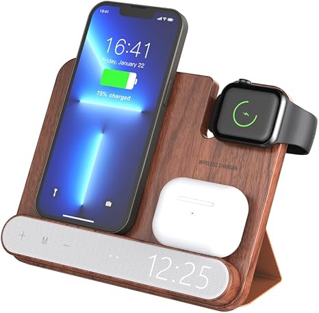 3‑in‑1 Walnut Wood Foldable Wireless Charging Station with Digital Clock