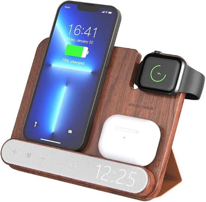 3‑in‑1 Walnut Wood Foldable Wireless Charging Station with Digital Clock