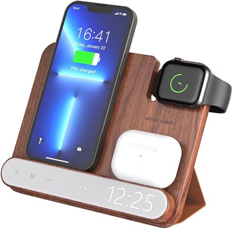 3‑in‑1 Walnut Wood Foldable Wireless Charging Station with Digital Clock