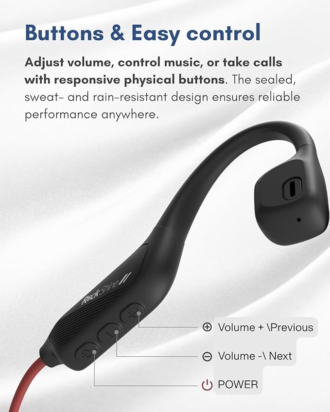 R1 Open Ear Headphones, Bone Conduction Running Headphones Bluetooth 5.3, 12H Battery Sweatproof & Water-Resistant, Wireless with Mic for Cycling, Workout,Sports-Deep Bass Sound (Black+RED)
