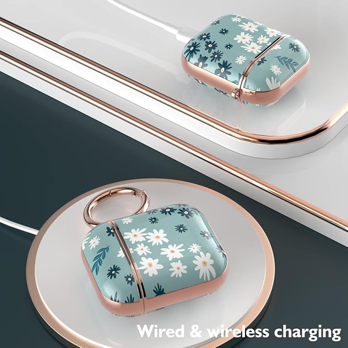 TATOFY Case Cover for AirPods 1&2, Elegant Cute Flower Patterns Protective Hard Case with Clip Keychain