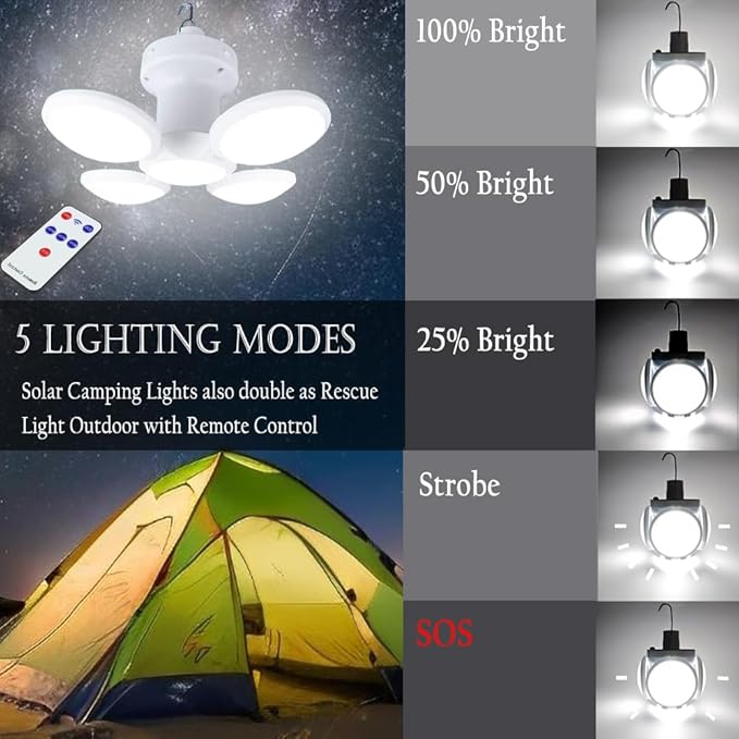 [4000mah] Folding Solar Camping Lights USB Rechargeable Lantern Waterproof Hanging Canopy Tent Lamp Remote Control Blub Portable for Home Indoor Outdoor Emergency Power Outage Vendors Booths 1 Pack