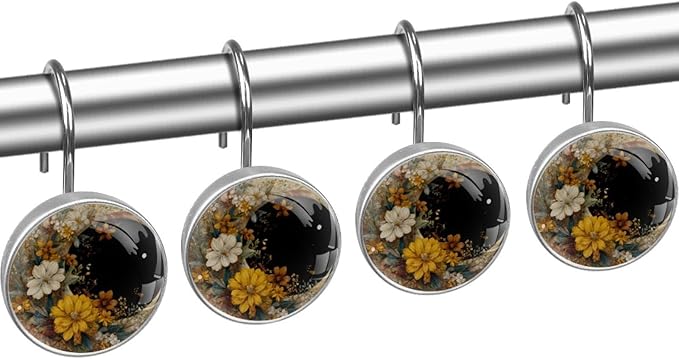 12 Packs Moon with Flowers Shower Curtain Hooks, Stainless Steel Glass Shower Curtain Rings for Bathroom Decor, Metal Rustproof Curtain Rod Hooks