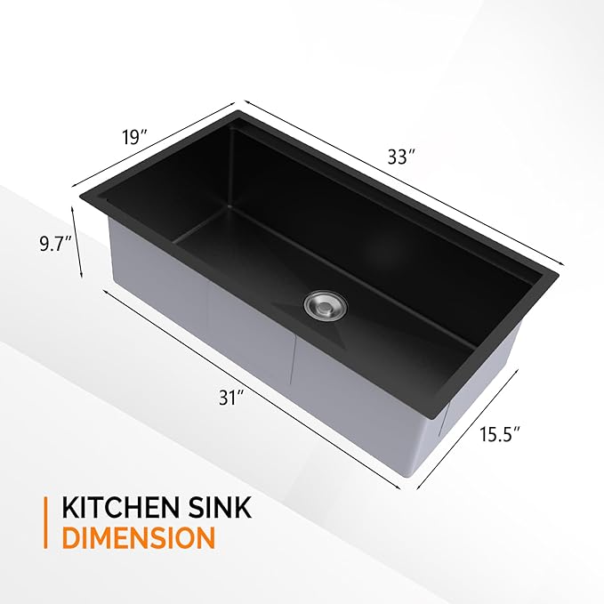 ROVSUN 33 Inch Stainless Steel Undermount, Kitchen Utility Sink, Workstation Deep Single Bowl, Integrated Ledge Multifunctional Workstation Sink Set,Black
