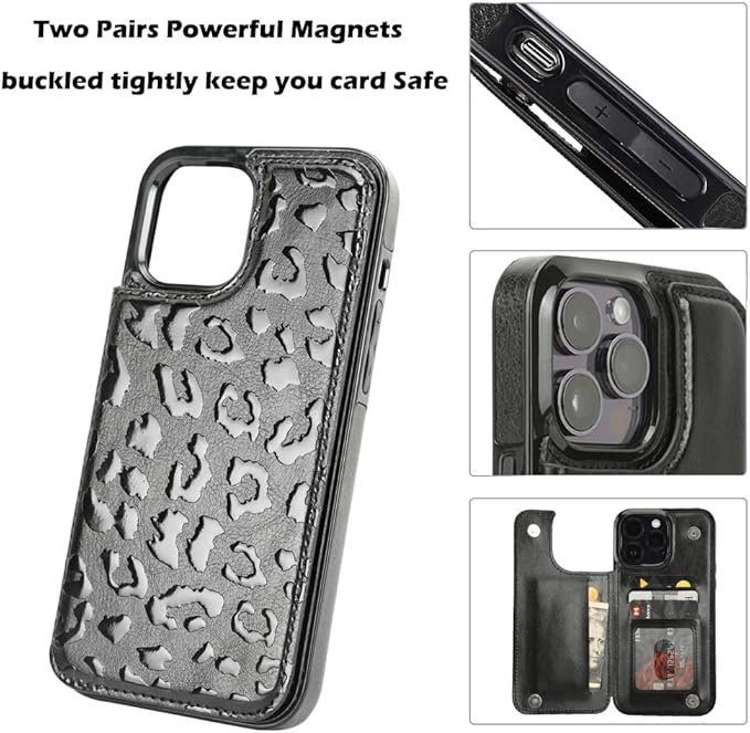 uCOLOR Compatible with iPhone 14 Pro Max 6.7" Wallet Case with Card Holder Folio Flip PU Leather Kickstand Card Slots Case Double Magnetic Clasp and RFID Blocking Cover 6.7 Inch (Black Leopard)