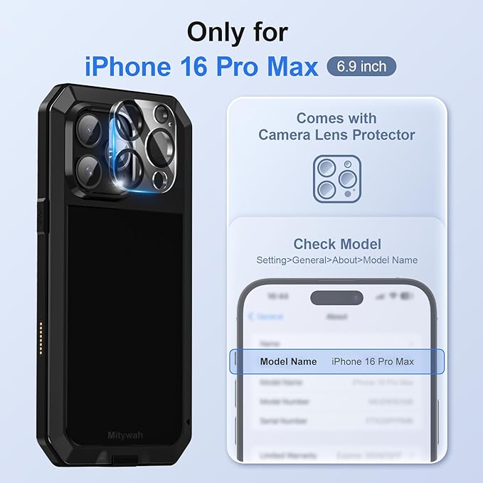 Mitywah Metal Case for iPhone 16 Pro Max, Heavy Duty Rugged Phone Case Built-in 9H Temperd Screen Protector,Military Grade Full Body Protective Dual Layer Bumper Protective Case for 16 Pro Max Black