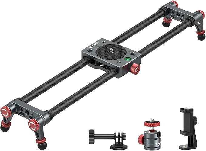 NEEWER 16in/40cm Carbon Fiber Camera Slider with 360° Ball Head/Phone Clamp/Action Camera Mount, Dolly Rail Track with 4 Bearings & Adjustable Legs, Compatible with GoPro Insta360 iPhone Android, CS1M