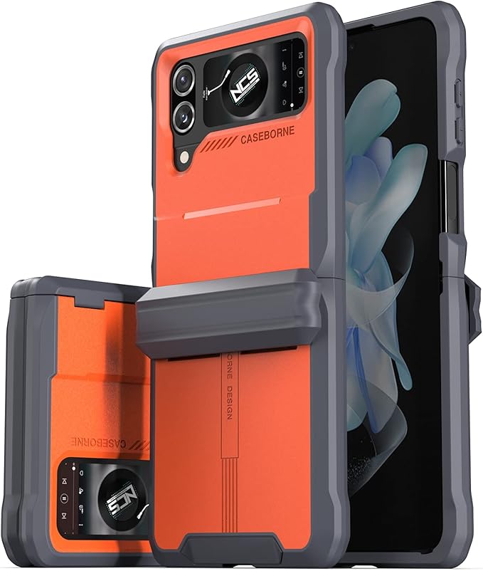 CaseBorne V Compatible with Samsung Galaxy Z Flip 4 Case/Flip 3 Case - Rugged Protective Case with Semi-Auto Hinger Cover, Full Body Multi-Layer Cover (Orange)