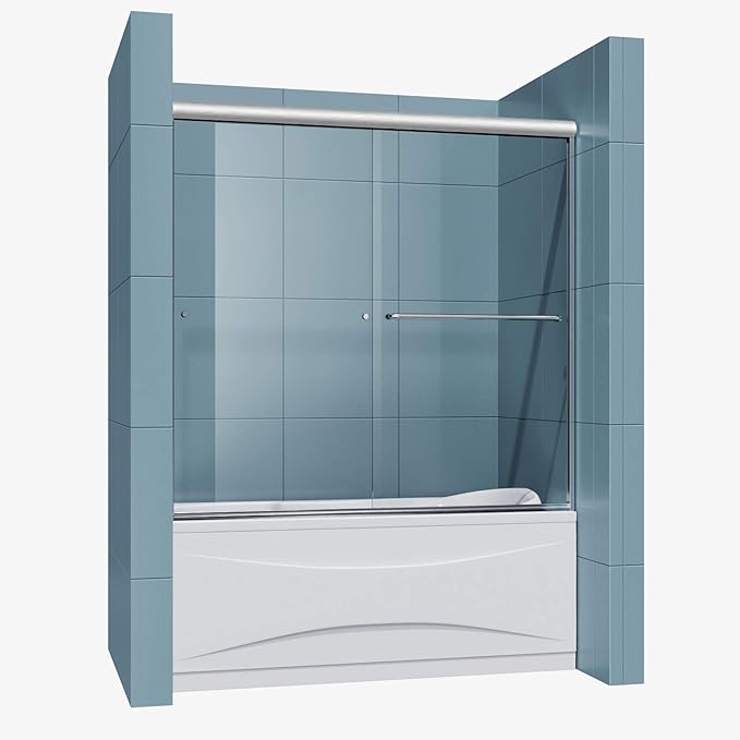 SUNNY SHOWER Glass Sliding Shower Door for Bathtub 60 W x 57.4 H inches Double Sliding Shower Bath-Tub Door 1/4 inches Clear Glass Shower Enclosure Doors for Bathroom with Brushed Nickel Finish