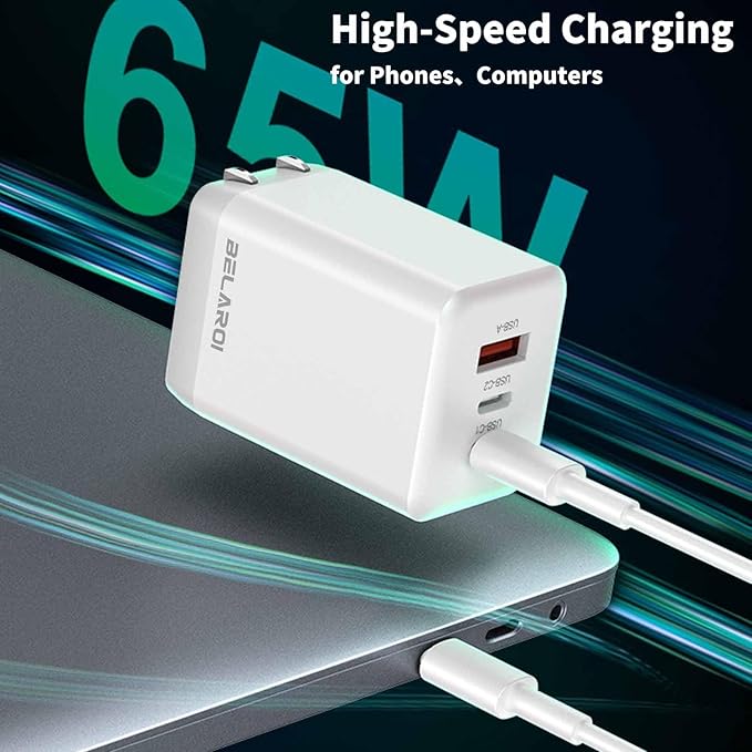 BELAROI 65W USB C Wall Charger Block, PD 3.1,3-Port GaN Fast Charger, 65W Foldable High Power Fast Charging Brick, for iPhone,iPad and MacBook Pro/Air,Samsung Galaxy (White)