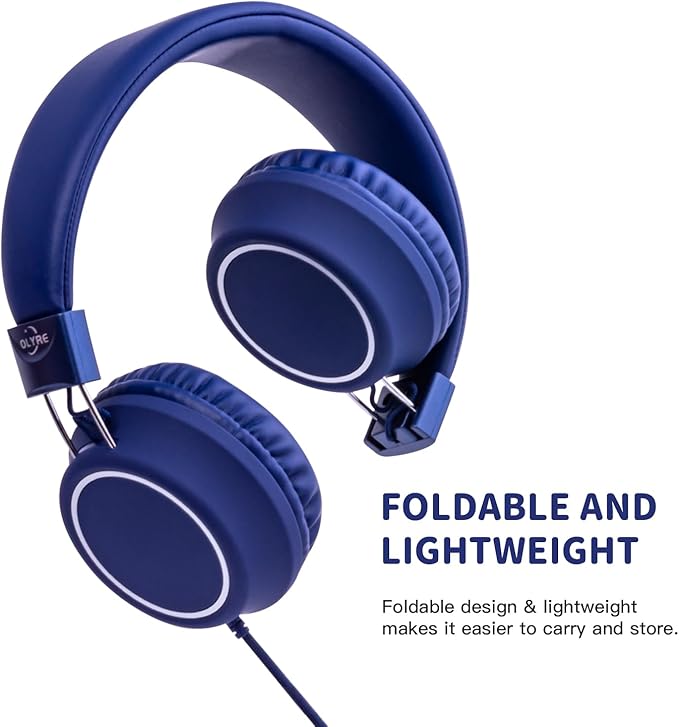 Olyre Kids Headphones, Toddler Headphones with Cord for School Plane Travel, Lightweight Stereo Wired Children Earphones with HD Microphone for Boys Girls for Computer Cellphone Tablet - Blue