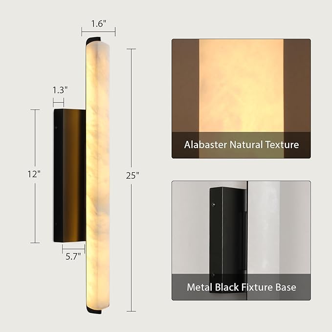 Alabaster Wall Sconces Set of Two, 25" Black Alabaster Sconce, Spanish Natural Marble Bathroom Vanity Sconces, Rectangle Modern Sconces Lighting for Bedroom Living Room Staircases Hallway