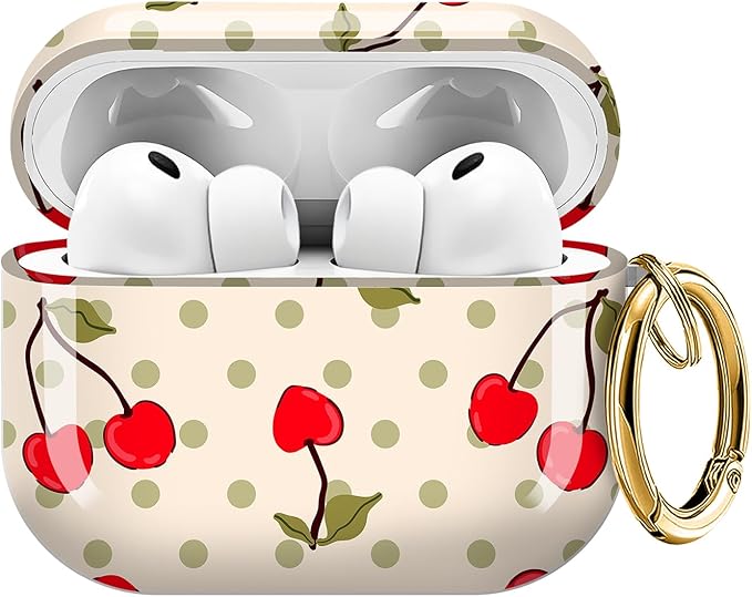 for AirPods Pro 3 Case, Compatible with AirPods Pro 3rd Generation Case (2025), Shockproof Protective Cover with Golden Carabine (Cherry Dot Retro Beige)